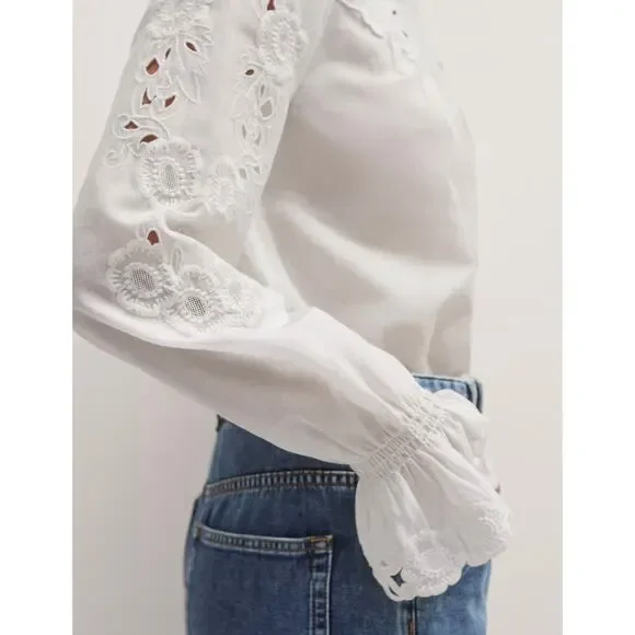 ME+EM White Broderie Eyelet Lace Embroidered Blouse Cotton Voile 2 XS Cottage - Picture 2 of 13
